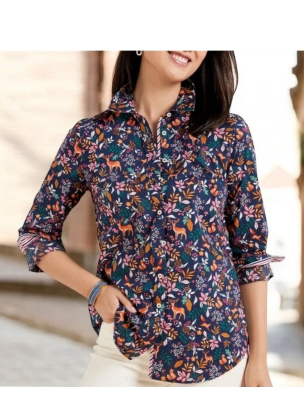 Talbots Navy Button-Up Shirt with Pink and Rust Floral Print